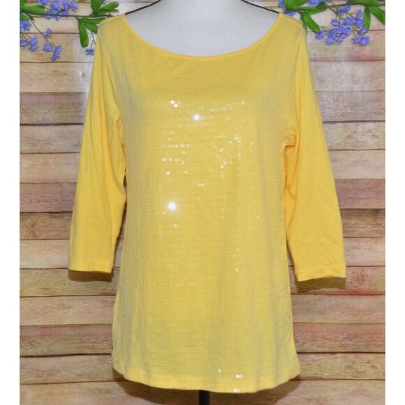 Ann Taylor LOFT Ladies Butter Yellow Sequin Blouse Top Size L Tunic Sparkle - Picture 1 of 8